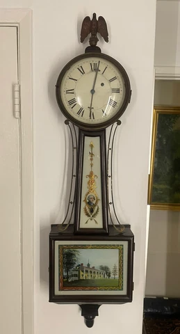 Antique Massachusetts Weight Driven Banjo Wall Clock- George Washington On Glass Cover