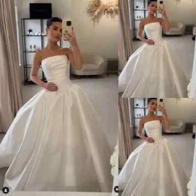 Sleeveless Wedding Dresses A Line Satin Elegant White Ivory Beach Bridal Gowns - Image 1 of 4