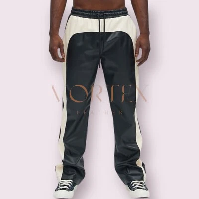 Pantalones informales para hombre de piel de cordero auténticos de cuero elegantes en blanco y negro Foto 1 de 4