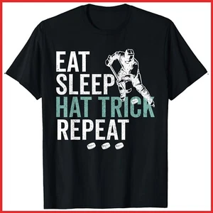 Eat Sleep Hat Trick Repeat Cool Ice Hockey Puck Fan Black Cotton T-Shirt S-5XL - Picture 1 of 3