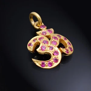 925 Sterling Silver Labmade Ruby Small Ohm Pendant, Religious Silver Om Pendant - Picture 1 of 8