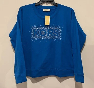 Nuevo con etiquetas Camisa Suéter Michael Kors Para Mujer Plateada Brillante Logo Azul Talla XS Foto 1 de 2