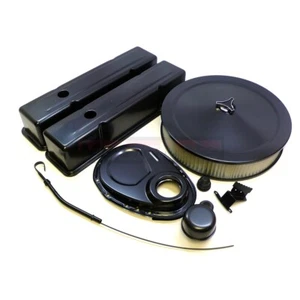 Black SBC Engine Dress Up Kit Tall Valve Cover 14" Air Cleaner For Chevy SB 350 - Picture 1 of 3