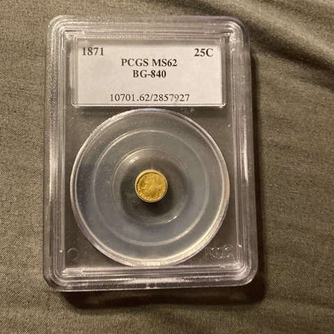 1871 25c 1/4 Dollar BG-840 Fractional Currency Gold Coin PCGS MS 62 Cover