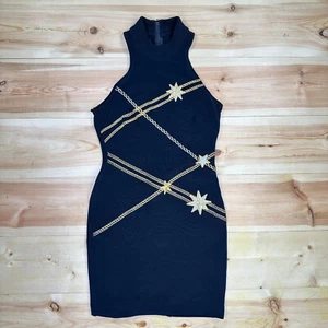 VTG Tadashi Shoji Bodycon Mini Dress L Navy/Gold Star Nautical 90's Y2K USA Made - Picture 1 of 11
