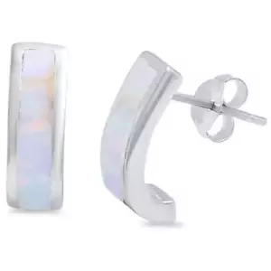 White Opal Half J Hoop .925 Sterling Silver Earrings - Picture 1 of 2
