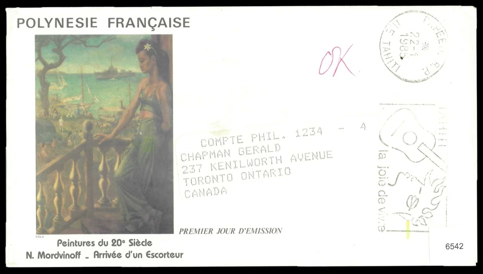 SAVOYSTAMPS-FRENCH POLYNESIA-1985-FDC WITH COLORFUL CACHE FROM TAHITI TO CANADA - Image 1 of 1