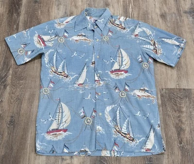 Camisa de campamento hawaiana Reyn Spooner vintage para hombre talla M azul veleros vela Foto 1 de 4