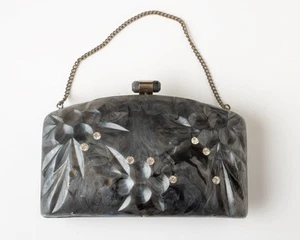 Gray Carved Lucite Clutch Purse Rhinestones 1950s Mid Century Vintage - Picture 1 of 5