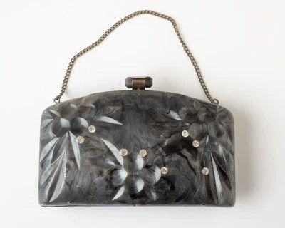 Gray Carved Lucite Clutch Purse Rhinestones 1950s Mid Century Vintage - Image 1 of 4