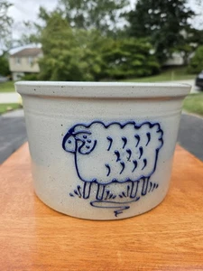 Vtg 2006 David Eldreth Sheep Crock Salt Glaze Pottery Blue On Gray 8" Diameter - Picture 1 of 16