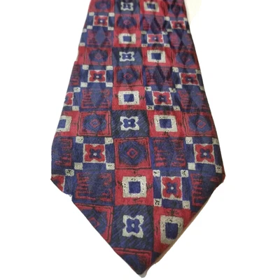 Gravata clássica larga masculina alforje 100% seda vermelha design geométrico multicolorido - Imagem 1 de 4