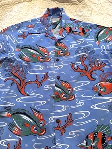Vintage Kalakaua Atomic Scary Fish Hawaiian Aloha Shirt Kahala Avanti Spooner M - Bild 1 von 16