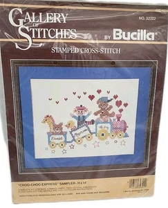 Bucilla Gallery Stitches Cross Stitch Kit Choo-Choo Express Birth Record Sampler - Picture 1 of 4