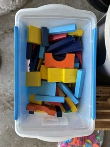 Wooden Building Blocks in Navy Blue, Turquoise, Orange Red Green Vintage - Picture 1 of 1