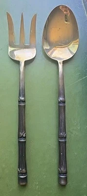 VTG Serving Spoon & Fork Set Brass Marked Thailand Bamboo Style Handles Flatware - Image 1 of 4