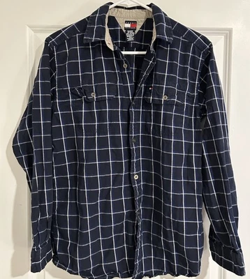 Camisa Tommy Hilfiger para mujer con botones talla grande a cuadros manga larga negra azul Foto 1 de 4