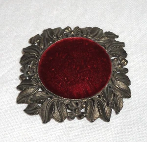 Vintage Pin Cushion ~ Burgundy Velvet ~ Metal Leaf & Flower Base - Picture 1 of 5