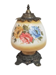 Vintage Hurricane Lamp Globe Night Light Table Lamp Tan with Roses 14" Tall - Picture 1 of 11