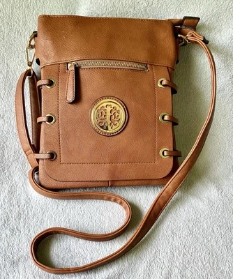 Dasein Brown Crossbody Shoulder Bag Zip Pockets Faux Leather Small Rub On Bottom - Image 1 of 4