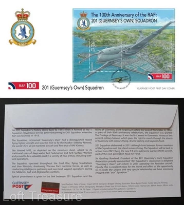 Guernsey Stamps: "RAF - 100th Anniversary - 201 Squadron" £3.00 M/S FDC 2018 - Image 1 of 3