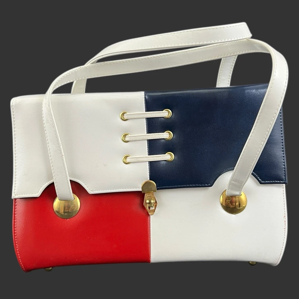 Bolsa de mão vintage naturalizadora multicolorida vermelha branca e azul - Imagem 1 de 4
