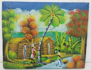 Original Hand-Painted Primitive Naive Oil Painting - Caribbean Island Village - Picture 1 of 10