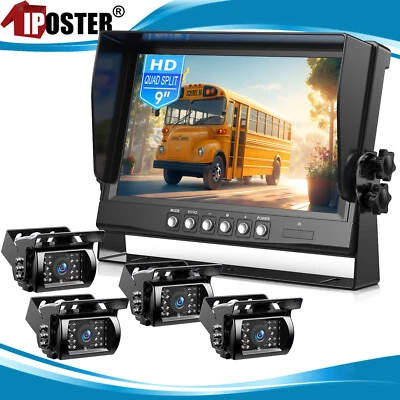 9" Quad Monitor 4x CCD Backup Camera 12-24V For RV Truck Trailer Bus Reversing - Image 1 of 4