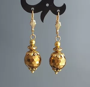 Gold faceted Hematite Stone Gold Plated Leverback dangle round Earrings Gemstone - Picture 1 of 4