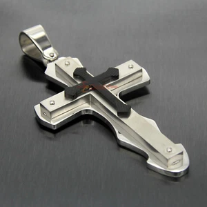 Huge Men Stainless Steel Cross Pendant Byzantine Box Chain Necklace Silver/Black - Picture 1 of 23