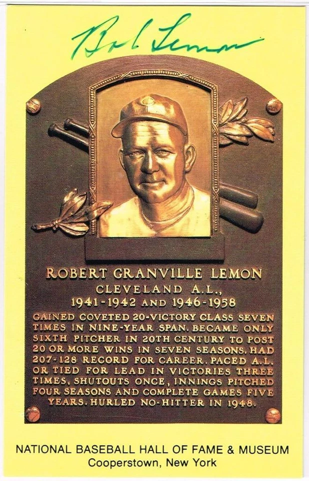 067, Original Autograph PSA/DNA of Bob Lemon (1), Indians, HOF Plaque Postcard - Image 1 of 3