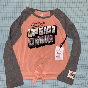 Justice X Stranger Things Girls XS Pink Baseball Tee Greetings From Upside Down - Picture 1 of 7