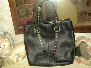 ZARA GENUINE LEATHER BLACK TOTE HANDBAG GOLD STUDS 2 HANDLES *LARGE - Picture 1 of 5