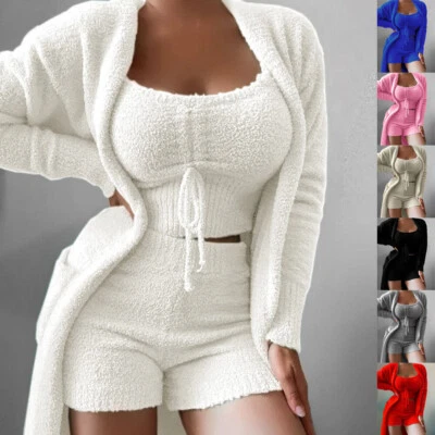 New 3PCS Women's Fleece Teddy Bear Vest Crop Tops Shorts Cardigan Tracksuit Set - Image 1 of 4