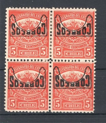 CHILE 1904 Telegraph 5c block of 4 MH ERROR INVERTED OVERPRINT signed VARGAS - Image 1 of 2