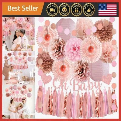 Pink Rose Gold Baby Shower Decor Set - Oh Baby Girl Party Pom Poms & Garland - Image 1 of 4