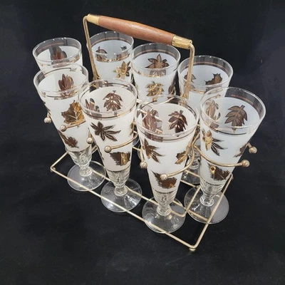 Juego de vasos MCM Libby Pilsner vintage mango de teca carrito años 50 oro esmerilado raro Foto 1 de 4