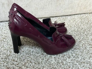 Tod's Women's Plum Patent Leather Tassel Loafer Pumps Heels - Size 7 EUC - Picture 1 of 6