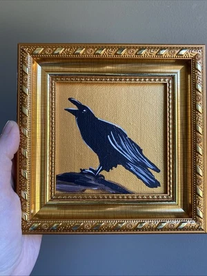 Arte de cuervo cuervo, pintura acrílica original sobre panel de lienzo, 4/4 enmarcado Foto 1 de 4