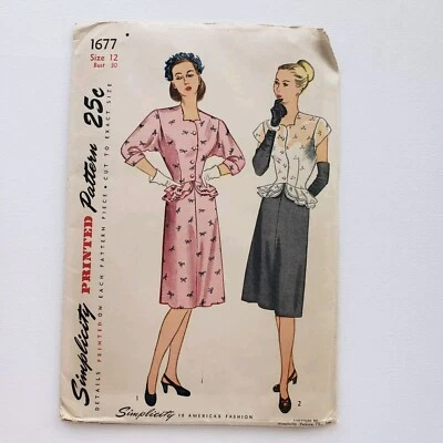 1940s Vintage Simplicity 1677 Sewing Pattern Skirt Jacket Blouse Peplum Set - Image 1 of 2