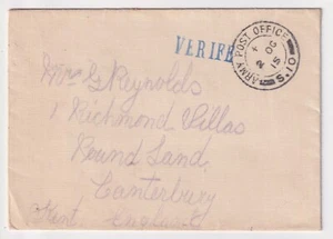 WW1 British Army DUNKIRK APO S10 1915 Cover VERIFE - APO 4 to Canterbury Kent - Imagen 1 de 3