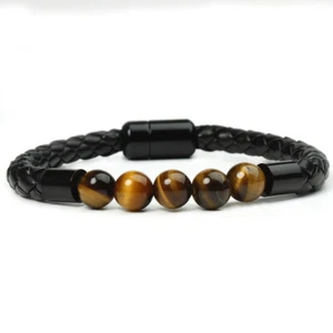 Natural Tiger's Eye Crystal Bead Men Women Lucky Charm Leather Bracelet Bangle - Picture 1 of 11