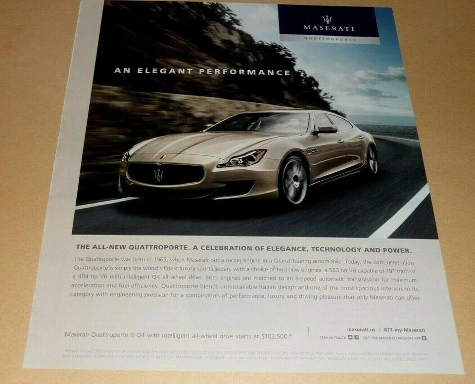 MASERATI QUATTROPORTE S Q4 SPORTS CAR ONE PAGE ADVERTISEMENT-ELEGANT PERFORMANCE - Image 1 of 1