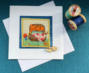 Hand Made Sewn Cards Birthday Thank You Ginger Cat sewing Box wool - Picture 1 of 1