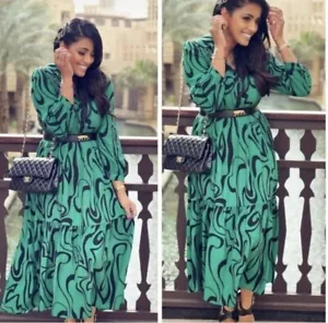 ZARA GREEN BLACK GEO PRINTED MIDI MAXI LONG SLEEVE SHIRT DRESS SIZE S 10 38 - Picture 1 of 4