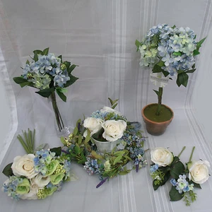 Artificial Blue Hydrangea / Ivory & Green Rose Wedding Flowers / Bouquets - Picture 1 of 9