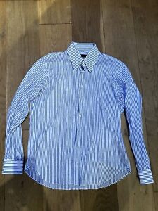Edward Sexton Blue Bengal Hidden Button Down Shirt 17 43 Cotton Linen