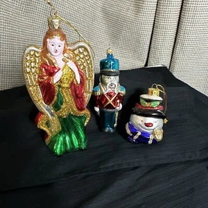 Three Blown Glass Christmas Ornaments Tall Angel Toy Soldier Snowman Head - Picture 1 of 9