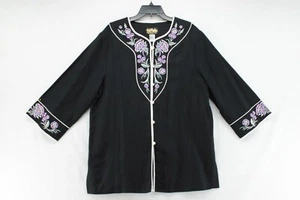 Bob Mackie Wearable Art Womens Jacket Black Size L Embroidered Linen Blend - Picture 1 of 8