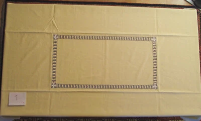 NAPPE ANCIENNE LIN JAUNE 138 x197 8 SERVIETTES - Photo 1/4